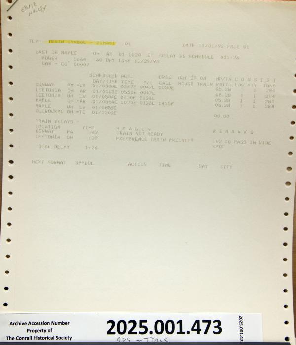 Train DIM-41 schedule v. delay, November 2-3, 1993