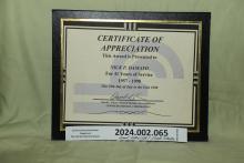 Certificate of Appreciation for 41 Years Service 1957-1998
