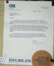 CSX envelope & letter to J S Ortwein with coaster enclosed